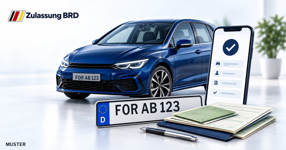 Online Fahrzeugzulassung in Forst (Lausitz): Musterkennzeichen FOR AB 123, Auto und Fahrzeugpapiere und Smartphone. Illustration mit Logo von Zulassung BRD.